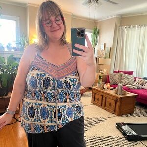 Anthropologie Plenty tank top ethnic print, tie waist with Bibb neck in L